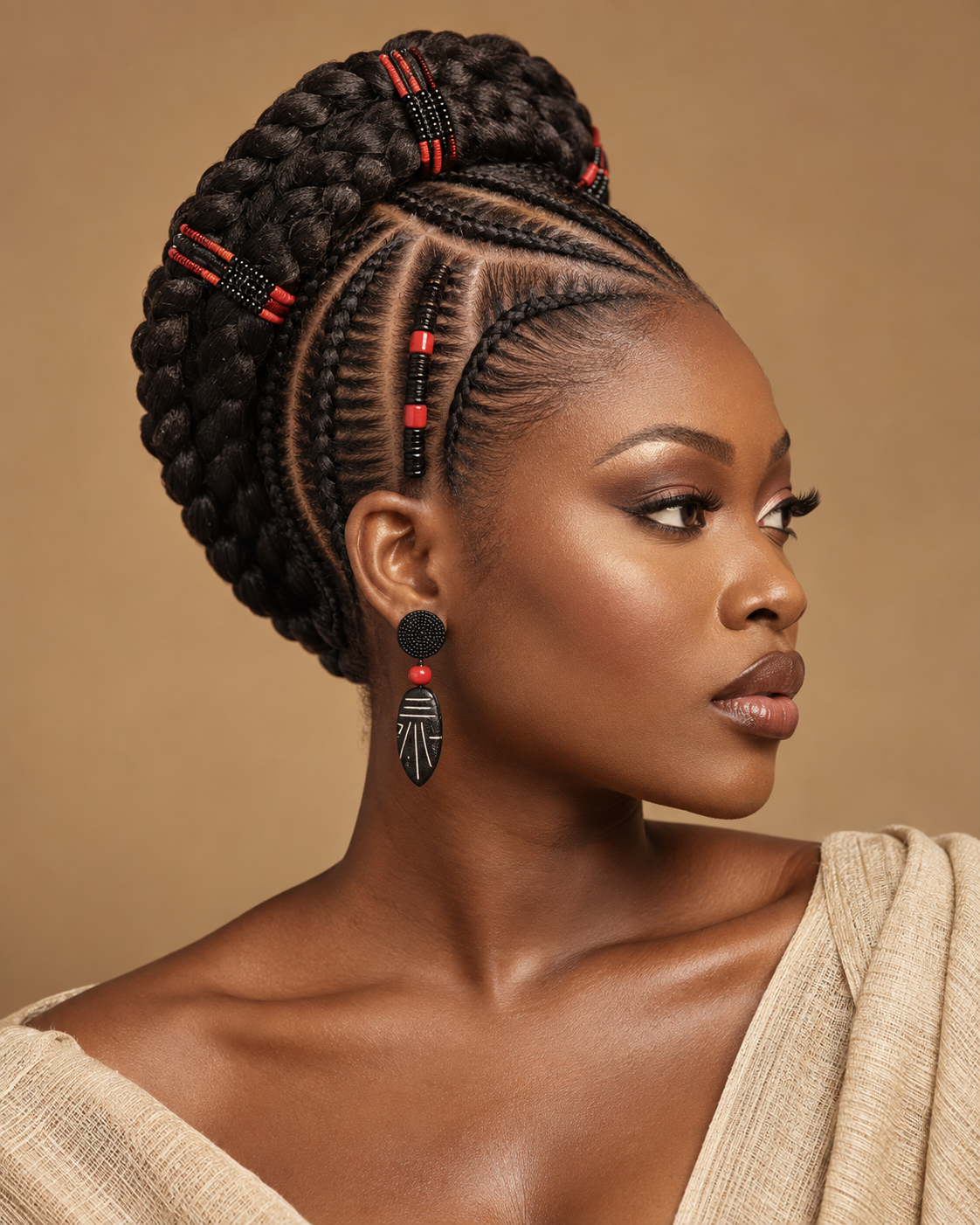 Concept visual of a braided updo with red and black detailing.